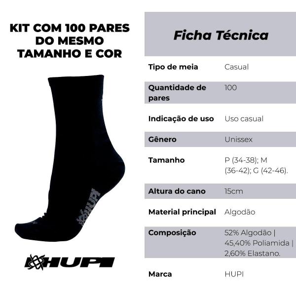 Imagem de Meia HUPI Casual Cano Longo Algodão Preto P - Kit 100 Pares