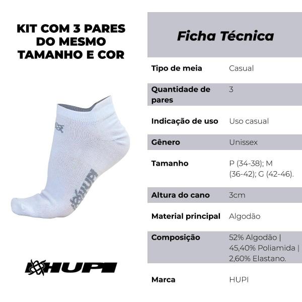 Imagem de Meia HUPI Casual Invisível Algodão Branco G - Kit 03 Pares