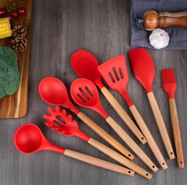 Imagem de Melhor silicone cozinhar utensílio conjunto de madeira lidar com espátula sopa colher escova concha VERMELHO