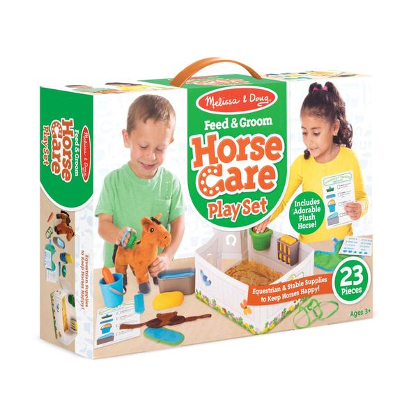 Imagem de Melissa &amp Doug Feed &amp Groom Horse Care Play Set com pelúcia de pelúcia de bicho recheado (23 pcs)