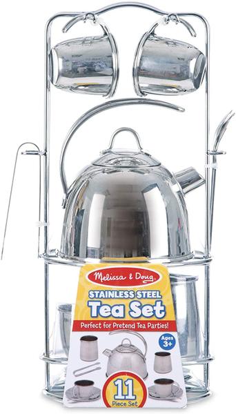 Imagem de Melissa &amp Doug Steel Inoxidável Pretend Play Tea Set e Rack de Armazenamento para Crianças (11 pcs)