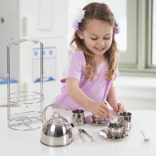 Melissa & Doug Steel Inoxidável Pretend Play Tea Set e Rack de Armazenamento para Crianças (11 pcs) - Melissa & Doug Imagem de Melissa & Doug Steel Inoxidável Pretend Play Tea Set e Rack de Armazenamento para Crianças (11 pcs)
