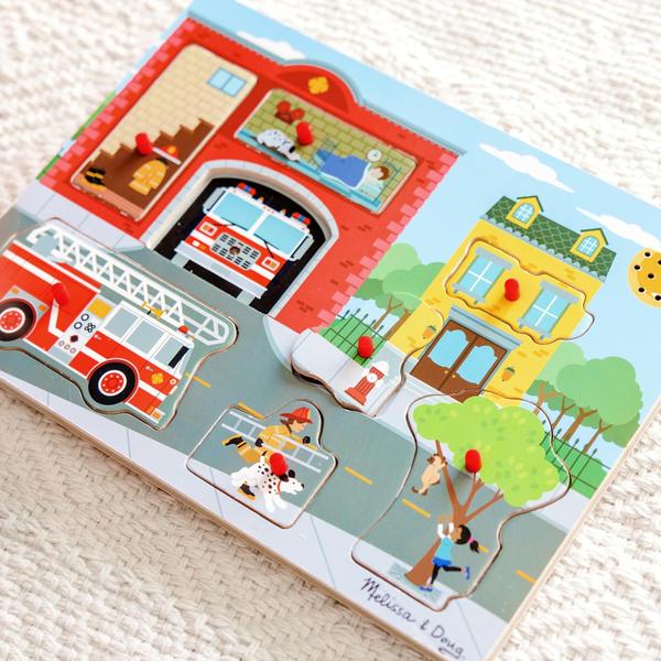 Imagem de Melissa & Doug Ao redor do quebra-cabeça de som da estação de fogo - Quebra-cabeça de pau de madeira (8 pcs)