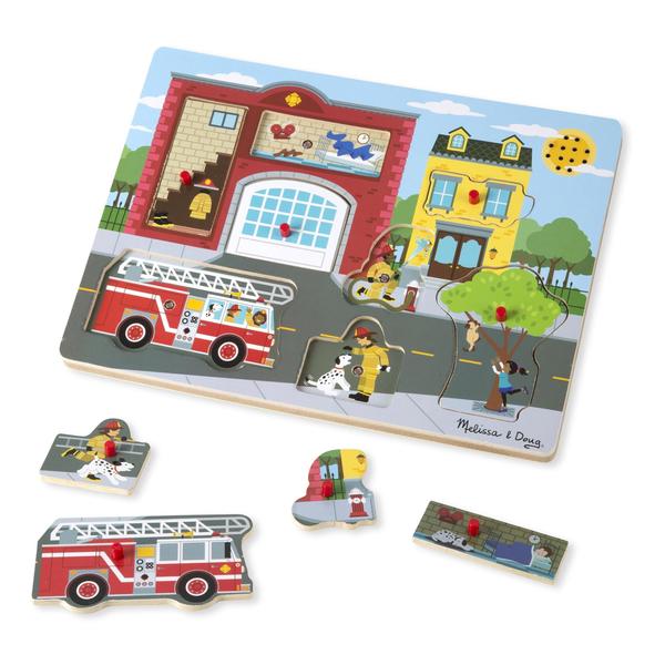 Imagem de Melissa & Doug Ao redor do quebra-cabeça de som da estação de fogo - Quebra-cabeça de pau de madeira (8 pcs)