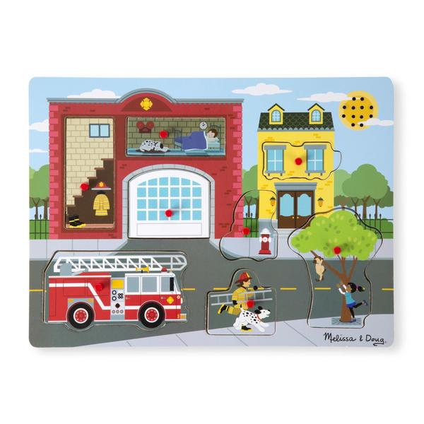 Imagem de Melissa & Doug Ao redor do quebra-cabeça de som da estação de fogo - Quebra-cabeça de pau de madeira (8 pcs)