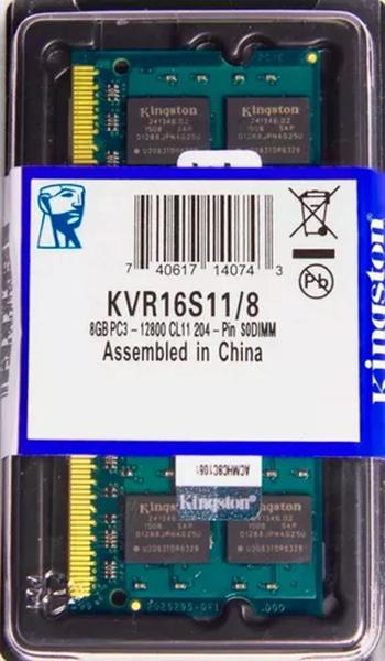 Imagem de Memória Kingston Ddr3 8gb 1600Mhz Notebook 01UN kvr16s11/8