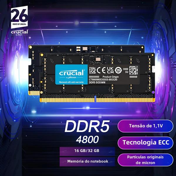 Memória RAM Crucial para Laptop - 16GB, 32GB DDR5 (4800MHz e 5600MHz) - SODIMM 1.1V Memória RAM Crucial para Laptop - 16GB, 32GB DDR5 (4800MHz e 5600MHz) - SODIMM 1.1V