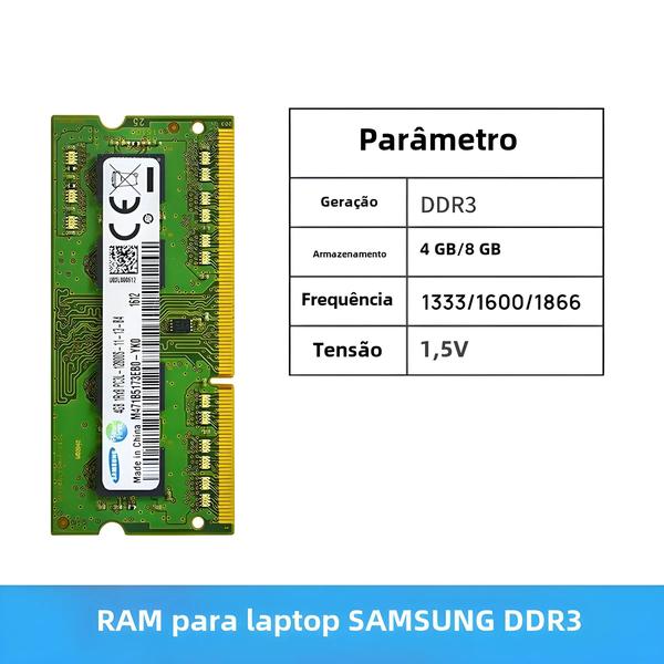 Imagem de Memória RAM DDR3/DDR3L 4GB/8GB (1333/1600/1866MHz) SO-DIMM para Notebook Samsung