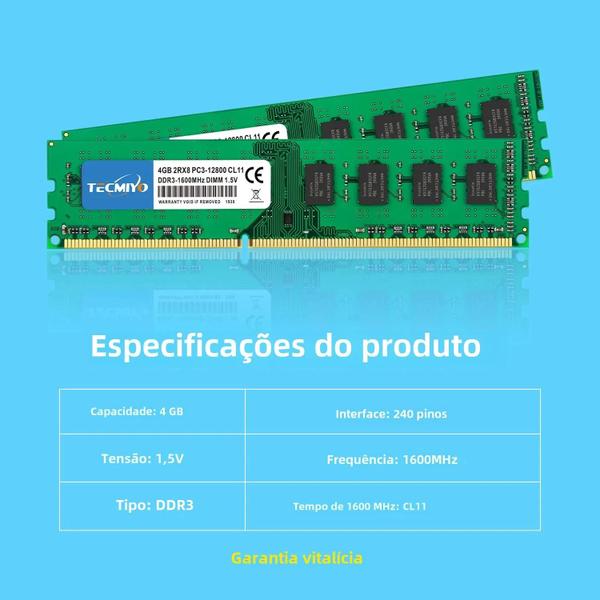 Imagem de Memória RAM DDR3/DDR3L 8GB 1600MHz/1333MHz - Intel/AMD - Não ECC