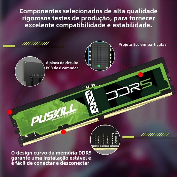 Imagem de Memória RAM DDR5 8GB/16GB/32GB - 4800MHz/5600MHz - PC5 UDIMM 1.1V - PUSKILL FURY