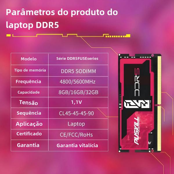 Imagem de Memória RAM DDR5 para Notebook - 8GB, 16GB e 32GB (4800MHz, 5200MHz, 5600MHz) - PUSKILL