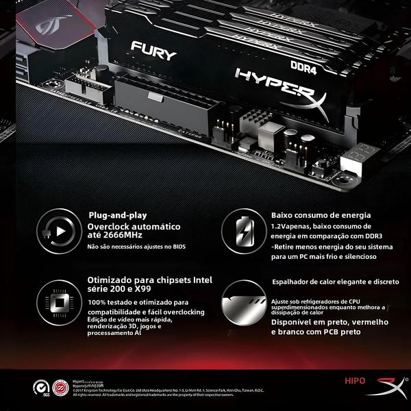 Imagem de Memória RAM HyperX Fury DDR4 - 8GB, 16GB, 32GB (3600MHz, 3200MHz, 2666MHz, 2400MHz, 2133MHz)