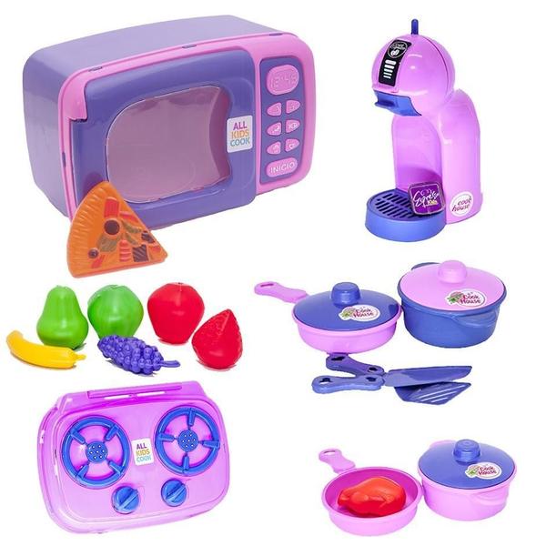 Imagem de Menina Cozinha Infantil Eletro Jogo Panela Microondas 18Pç