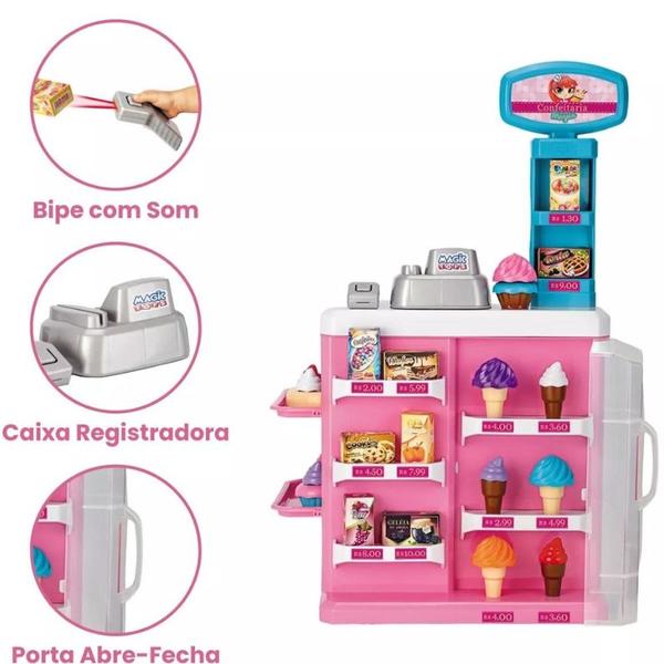 Imagem de Mercado Confeitaria Mágica Caixa Registradora Infantil Rosa com Acessórios Com Luz e Som Magic Toys