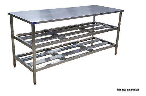 Imagem de Mesa Aço Inox Industrial 130x70x90 cm Prateleiro Duplo Loja da Cozinha