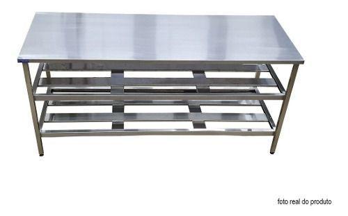 Imagem de Mesa Aço Inox Industrial 130x70x90 cm Prateleiro Duplo Loja da Cozinha