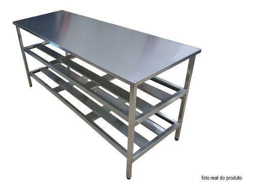 Imagem de Mesa Aço Inox Industrial 130x70x90 cm Prateleiro Duplo Loja da Cozinha