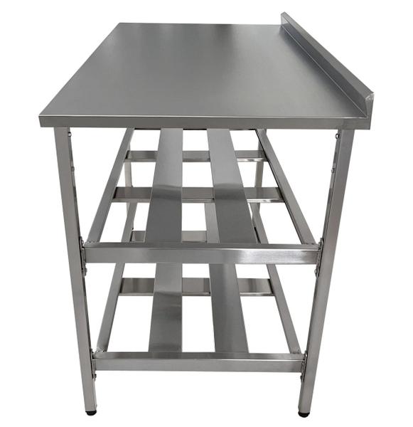 Mesa Aço Inox Profissional 130x60x90 cm com 2 Prateleiras Fenestradas com Espelho Nortinox Imagem de Mesa Aço Inox Profissional 130x60x90 cm com 2 Prateleiras Fenestradas com Espelho Nortinox