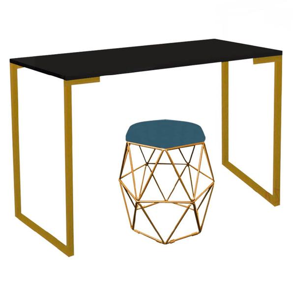 Imagem de Mesa Aparador Stan Industrial Buffet Balcão com Puff Luna Suede Azul Turquesa Dourado Tampo Preto - Ahz Móveis