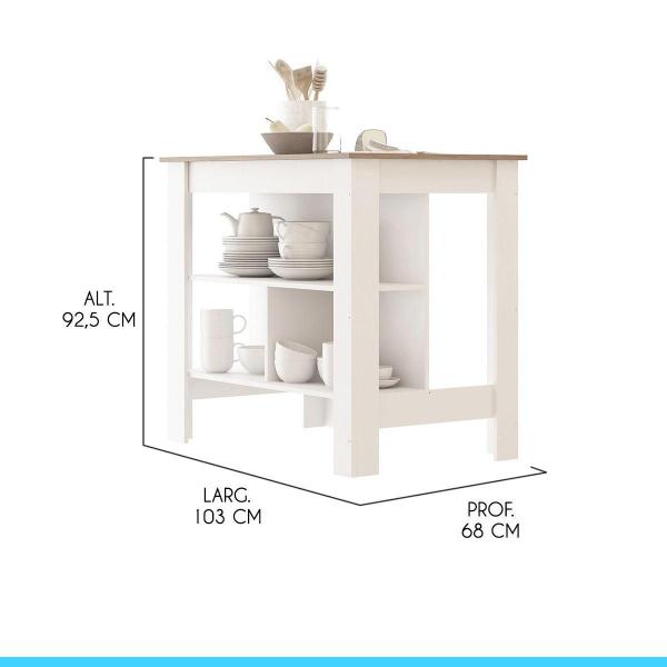 Imagem de Mesa Bancada Ilha para Cozinha Gourmet  103 x 92 Cm MDP Branco Carvalho 0746 MENU