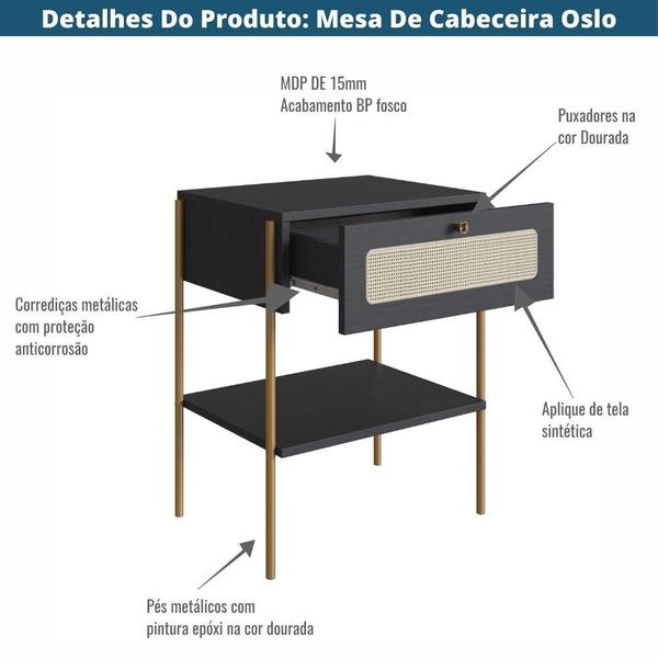 Imagem de Mesa Cabeceira 1 Gaveta Oslo Artesano 48 cm (largura) MDP Nero Palha Sintética Bege Pé Metal Dourado