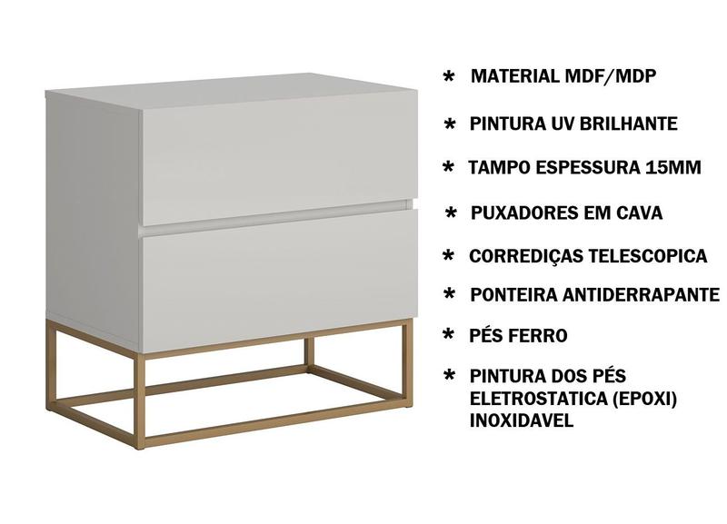 Imagem de Mesa Cabeceira Eros 2 Gavetas estilo Industrial Off White Acabamento Brilhante com Pés Dourado