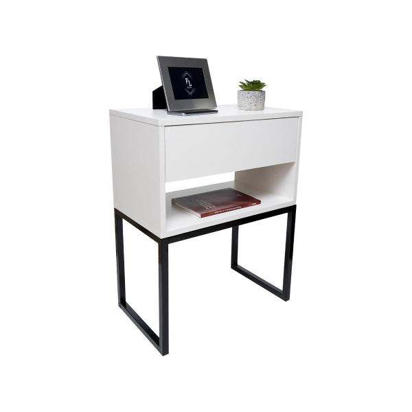 Imagem de Mesa Cabeceira Estilo Industrial 40cm Branco Gaveta Superior Eco Pés Ferro Preto Lateral Cama