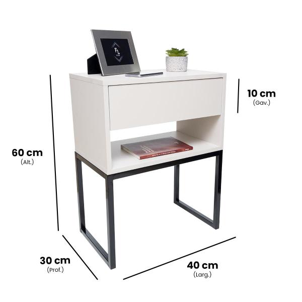 Imagem de Mesa Cabeceira Estilo Industrial 40cm Off White Gaveta Superior Eco Pés Ferro Preto Lateral Cama