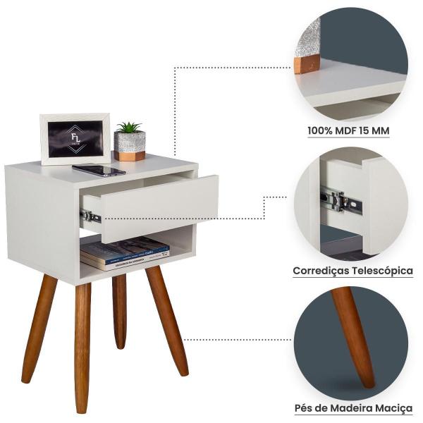 Imagem de Mesa Cabeceira Retrô 40Cm Branco Pés Palito Gaveta E Nicho