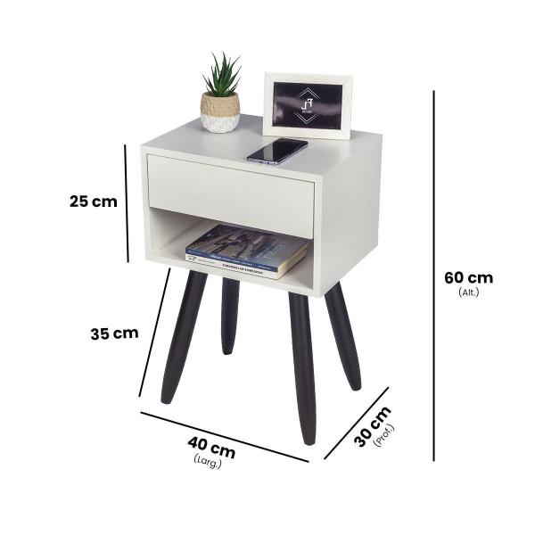 Imagem de Mesa Cabeceira Retrô 40Cm Branco Pés Palito Marrom E Gaveta