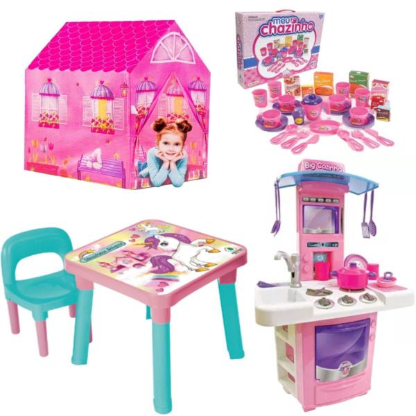 Imagem de Mesa Cadeira Infantil Unicórnio + Casinha e Chá e Cozinha