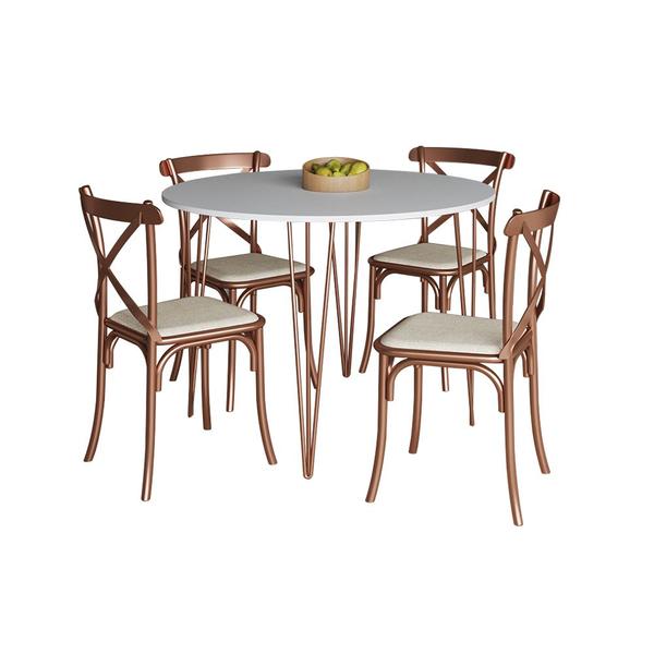 Imagem de Mesa com 4 Cadeiras Katrina Cobre Elen Hairpin 110cm Jantar Branca Base Cobre