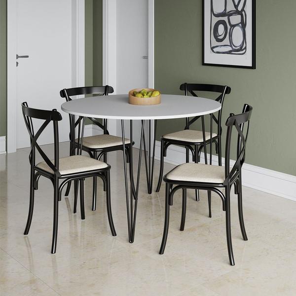 Imagem de Mesa com 4 Cadeiras Katrina Preta Elen Hairpin 110cm Jantar Branca com Ferro Preto