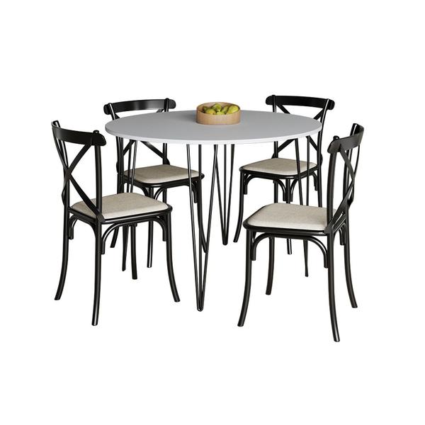 Imagem de Mesa com 4 Cadeiras Katrina Preta Elen Hairpin 110cm Jantar Branca com Ferro Preto