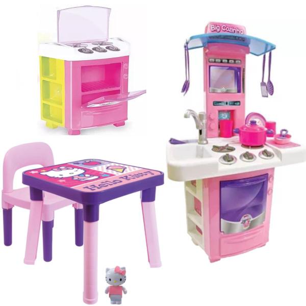 Imagem de Mesa Com Cadeira Infantil Hello Kitty + Fogão e Big Cozinha