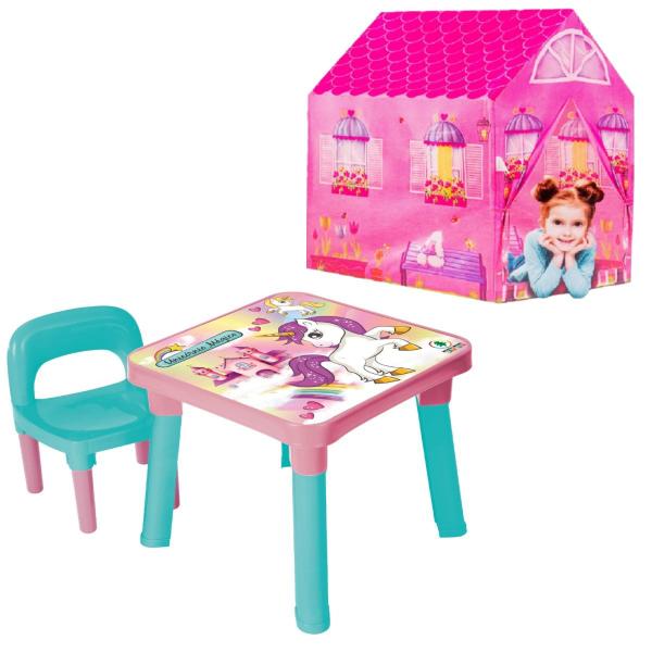 Imagem de Mesa Com Cadeira Infantil Unicórnio + Barraca Princesa Rosa