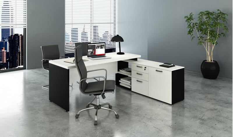 Mesa Consultório em L 1,90x1,60 Web40 + Armário Branco/Preto - Andrezini Imagem de Mesa Consultório em L 1,90x1,60 Web40 + Armário Branco/Preto