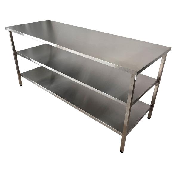 Mesa de Aço Inox Industrial 150x70x90 cm com 2 Prateleiras Plano Liso Nortinox Imagem de Mesa de Aço Inox Industrial 150x70x90 cm com 2 Prateleiras Plano Liso Nortinox