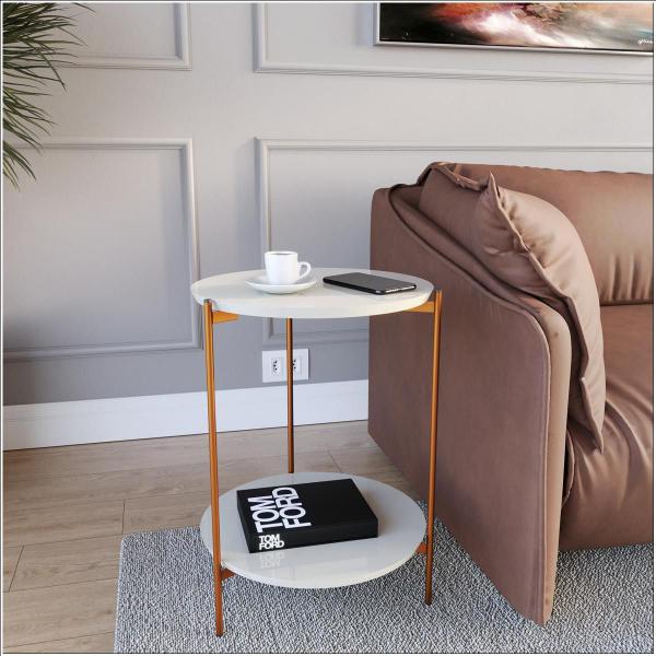 Imagem de Mesa De Apoio Lateral Duda Off White Com Pés de Ferro Bronze Ofertamo