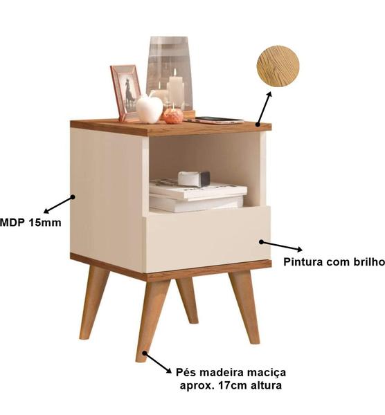 Imagem de Mesa de Cabeceira 1 gaveta Pés Palito Gênova Off white / Nature - Comprar Moveis em Casa