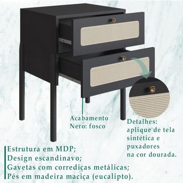 Imagem de Mesa de Cabeceira 2 Gavetas Palhinha 27933 Linha Oslo Nero Artesano