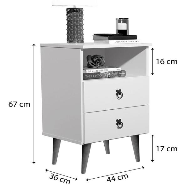 Imagem de Mesa de Cabeceira 2 Gavetas Retro Puxador Ferro Beatriz Branco Ofertamo
