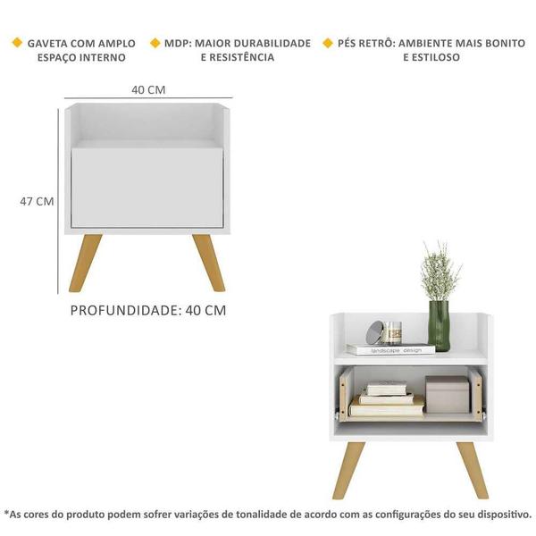 Imagem de Mesa de Cabeceira 40 cm com Pés Retrô Multimóveis MP4041 Branca/Natural