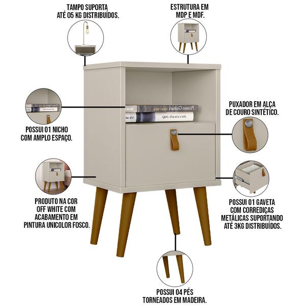 Imagem de Mesa De Cabeceira Com 01 Gaveta 01 Nicho 04 Pés em Madeira Loreta L05 Off White - Lyam Decor