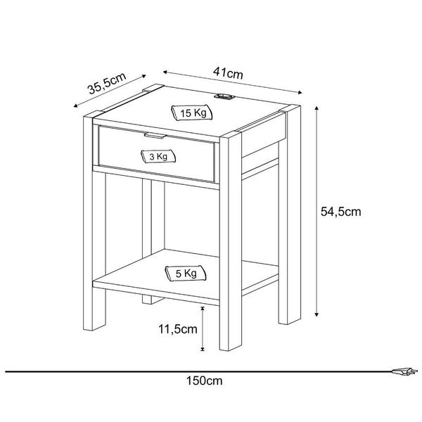 Imagem de Mesa de Cabeceira com 1 Gaveta e 1 Tomada Bivolt Branco/Nogal