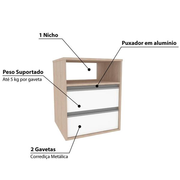 Imagem de Mesa de Cabeceira com 2 Gavetas e 1 Nicho - Branco/Carvalho