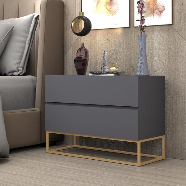 Imagem de mesa de cabeceira com 2 gavetas para cama casal/queen eros 60cm estilo industrial dourado sofisticado