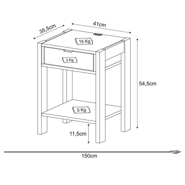 Imagem de Mesa De Cabeceira Com Tomada 1 Gaveta Quarto Branco Nogal