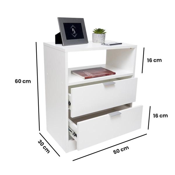 Imagem de Mesa de Cabeceira Criado 50cm Branco 2 Gavetas e 1 Nicho em MDF Lateral da Cama Quarto Decoração