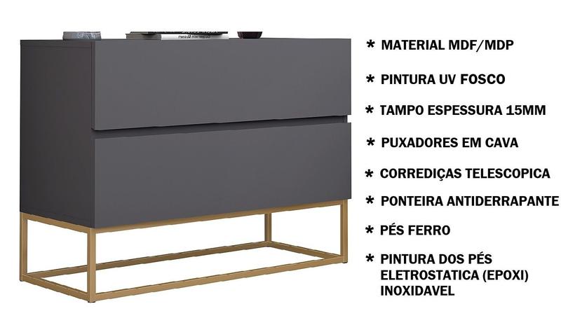 Imagem de Mesa De Cabeceira Criado Eros 60cm Para Cama Casal Com Duas Gavetas Estilosas Telescopica Pé Dourado Luxuoso